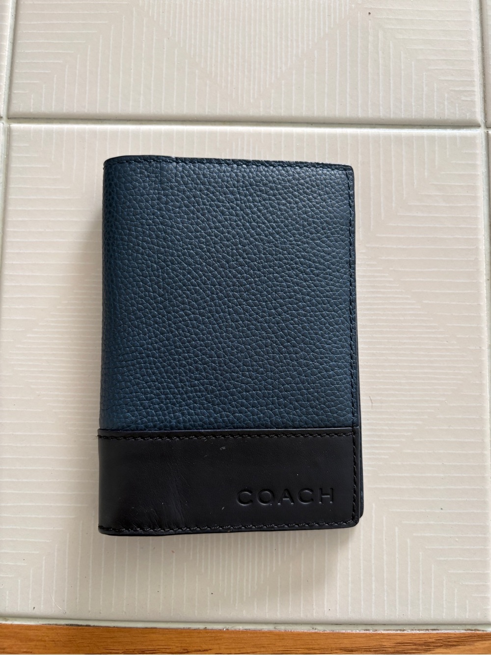 COACH Two-Tone Leather Card & Passport Wallet - Navy/Black